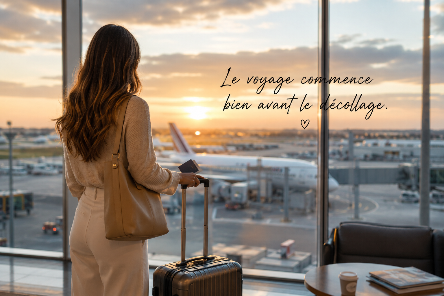 Jeune voyageuse vue de dos dans un aéroport au coucher du soleil